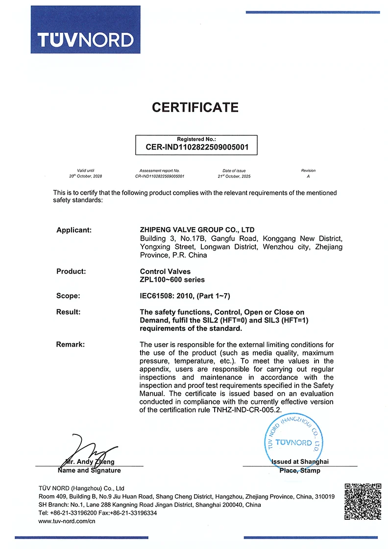 TUV Functional Safety Certificate ￡ Control Valves