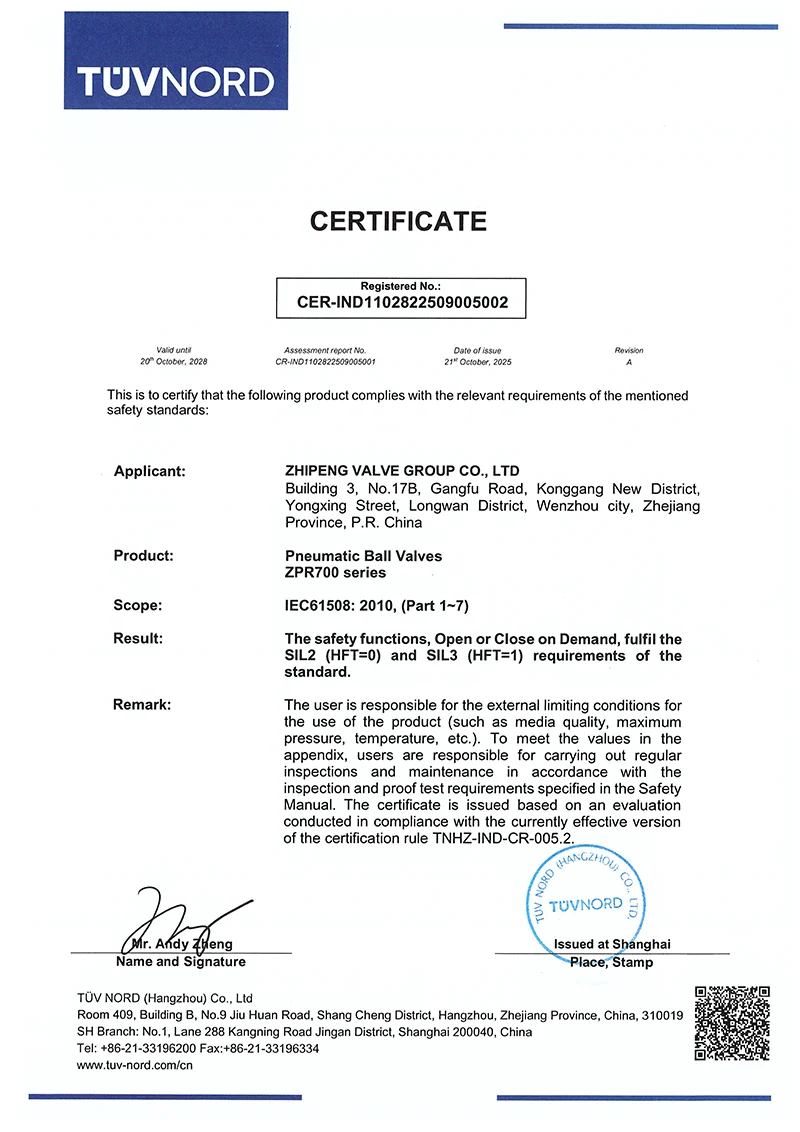 TUV Functional Safety Certificate(Pneumatic Ball Valve)